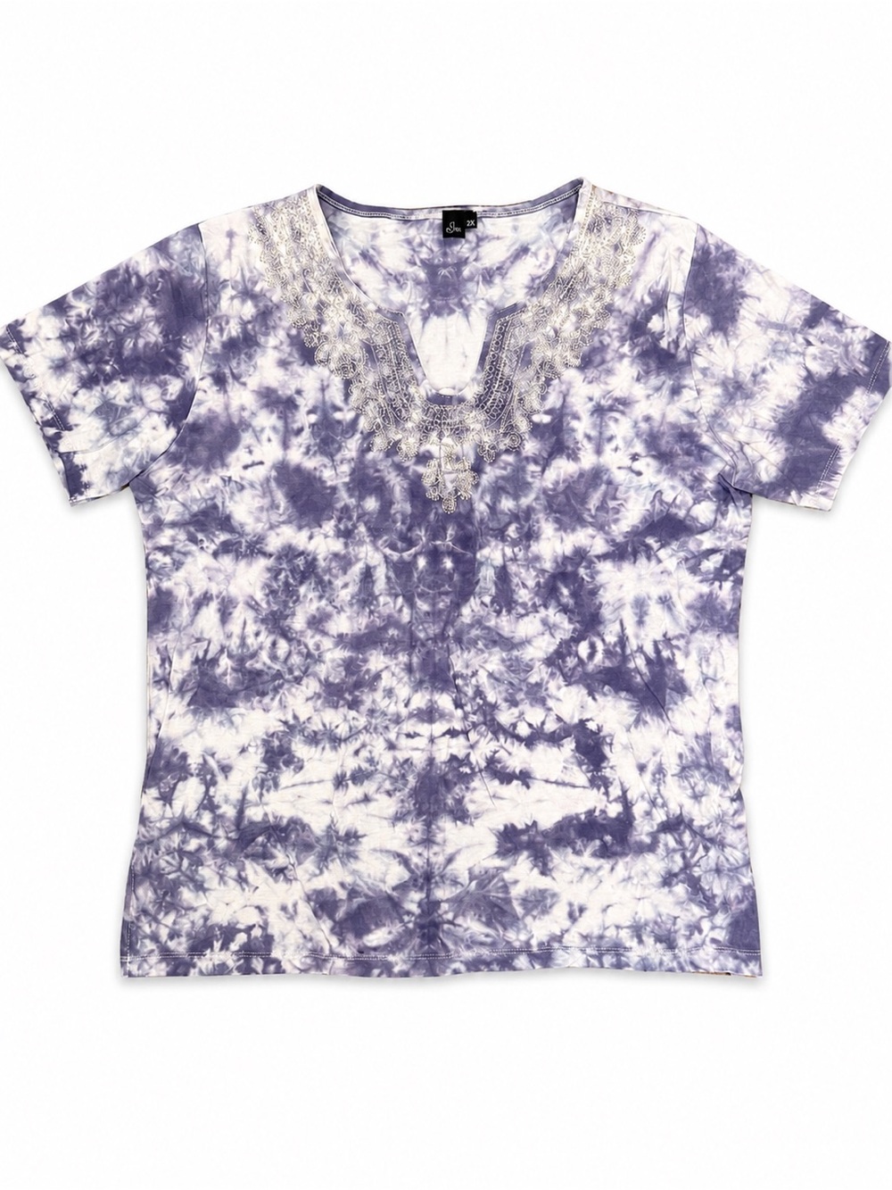 Embroidered V-Neck Tie-Dye Tee - Purple White